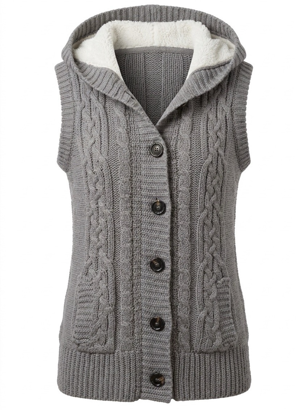 Ci Sono Gray Hooded Cable Knit Button-Front Vest